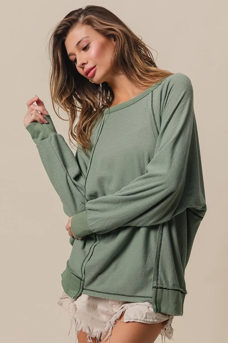 Cross Hatch Knit Uneven Hem Cont Lslv Top