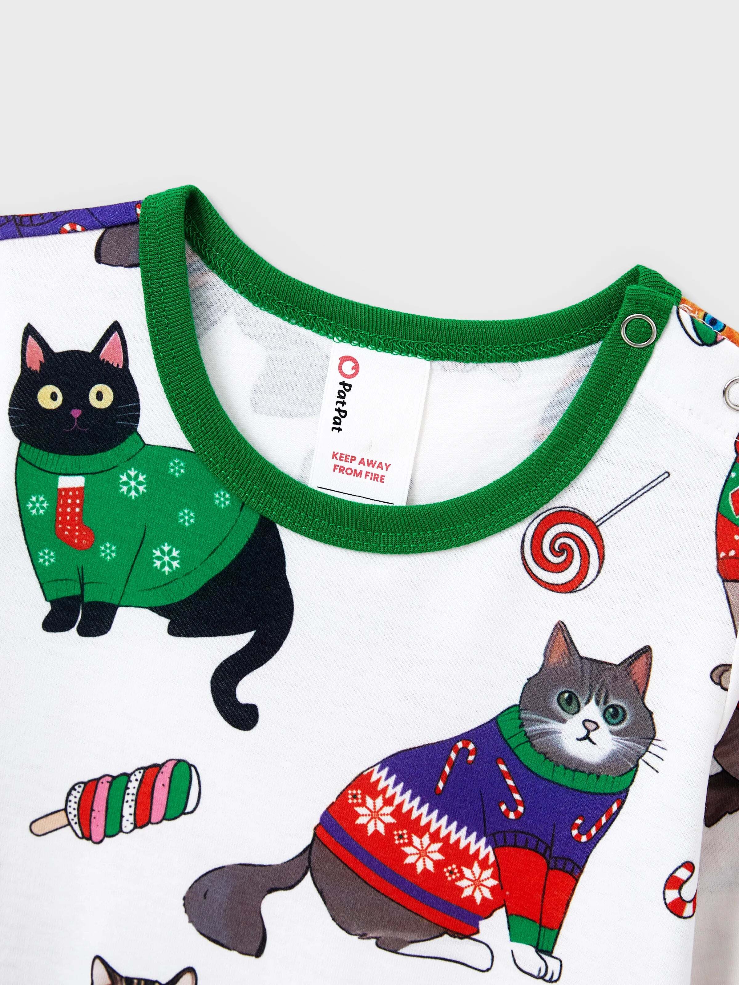 Christmas Matching Family Pajamas Set Christmas Cat Print PJS with Christmas Socks Multi-color