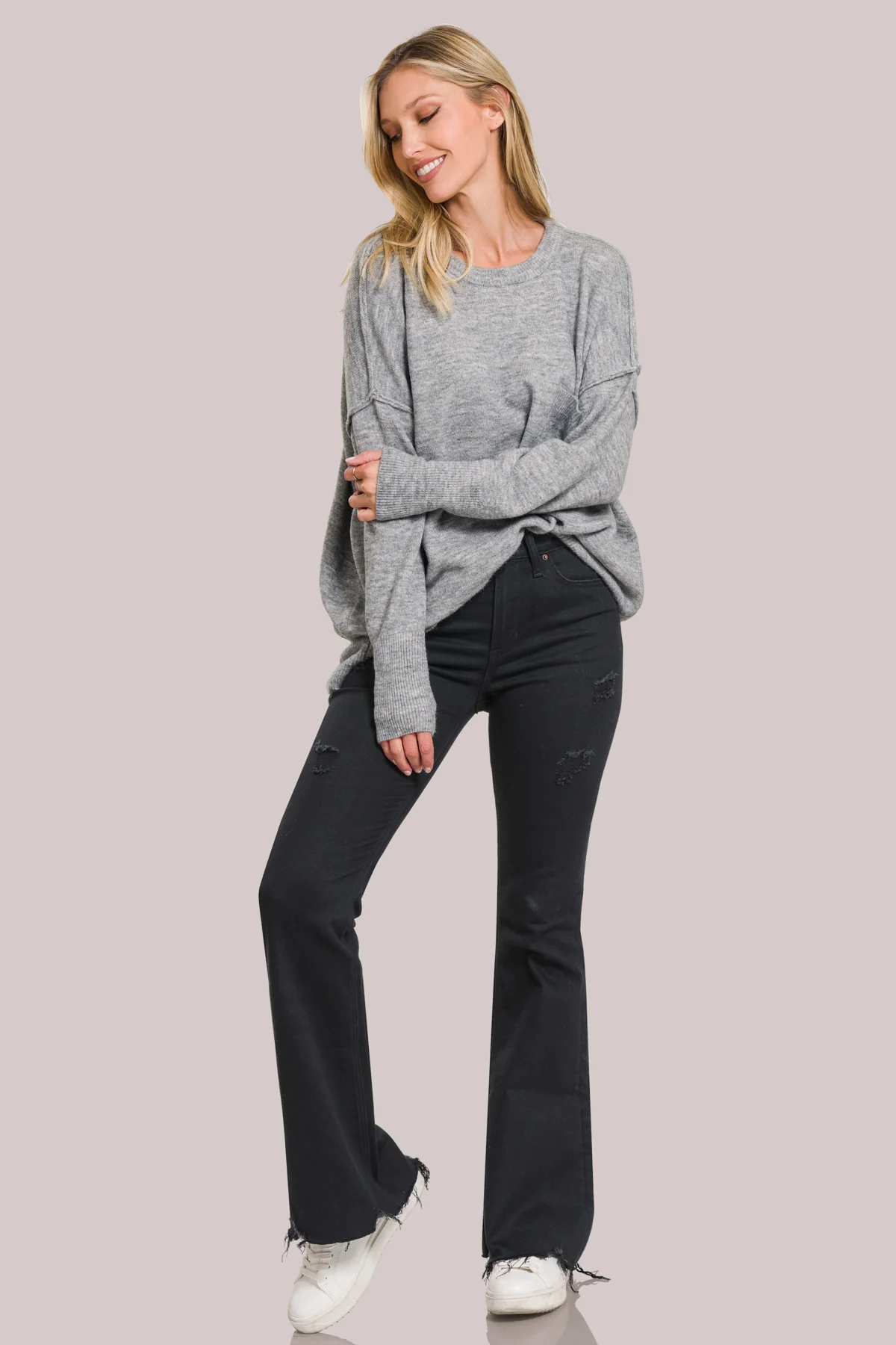 High-Rise Distressed Flare Jeans in Black