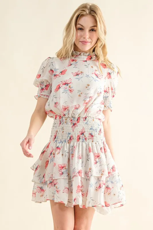 Floral Print Smocked Waist Mini Dress