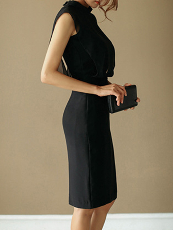 Gauze Hollow See-Through Split-Joint Zipper Loose Sleeveless Stand Collar Midi Dresses Evening Dresses