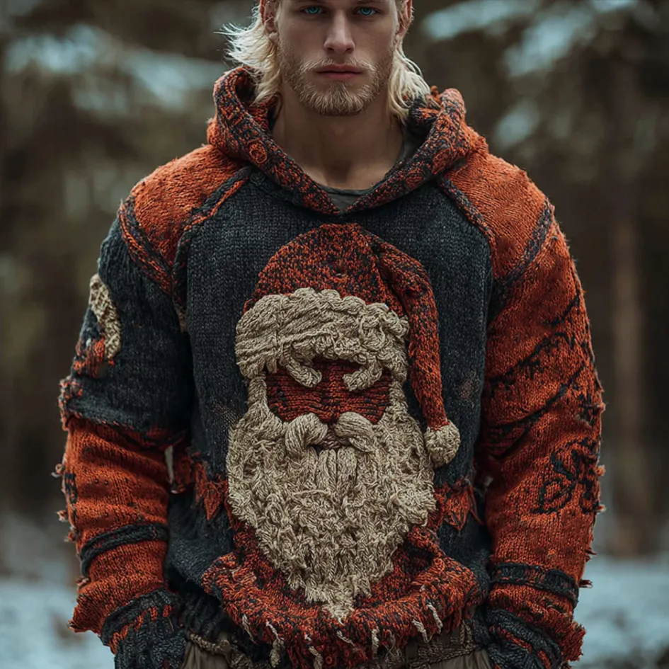 Halloween Viking Grotesque Santa Claus Men's Knit Hooded Sweater