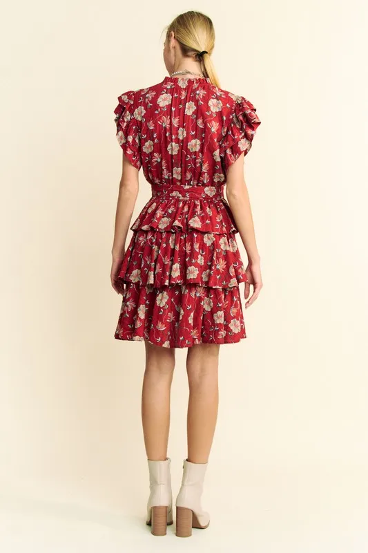 Ruffle Flutter Sleeve Tie Belt Tiered Mini Dress