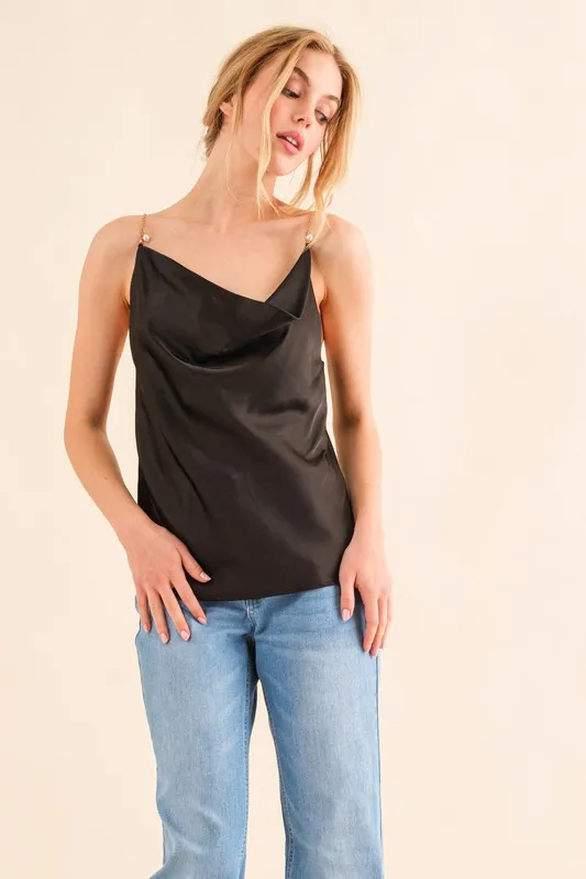 Faux Pearl Gold Chain Satin Casual Cami Top
