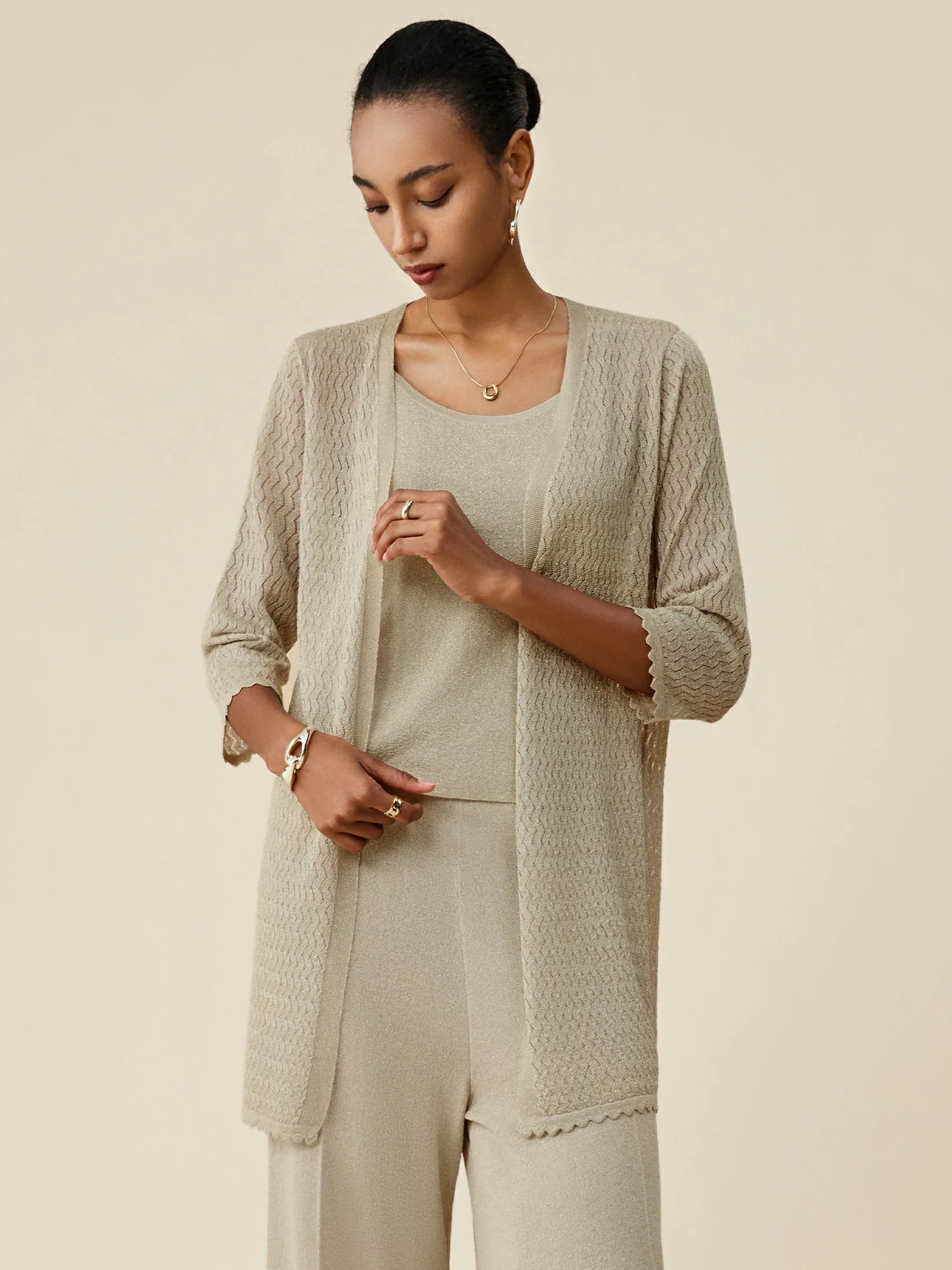 Gold Silver Yarn Mid-Sleeve Simple Cardigan