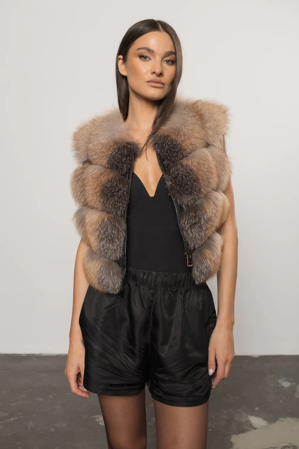 Haină din Blană Naturală de Vulpe și Piele, Transformabilă, Femei, Brown Frost 249