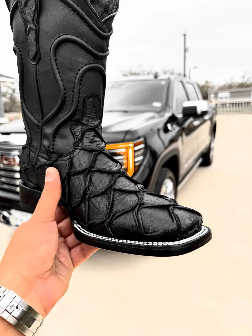 Matte Black Pirarucu Leather Boots - Square Toe