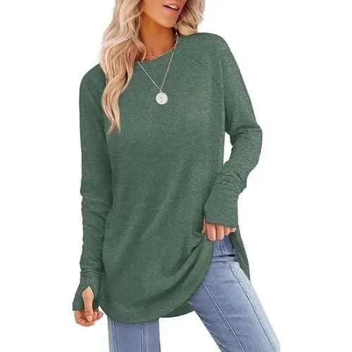 Womens Tunic Tops to Wear with Leggings Long Sleeve Thumb Hole Shirts Crew Neck Curved Hem