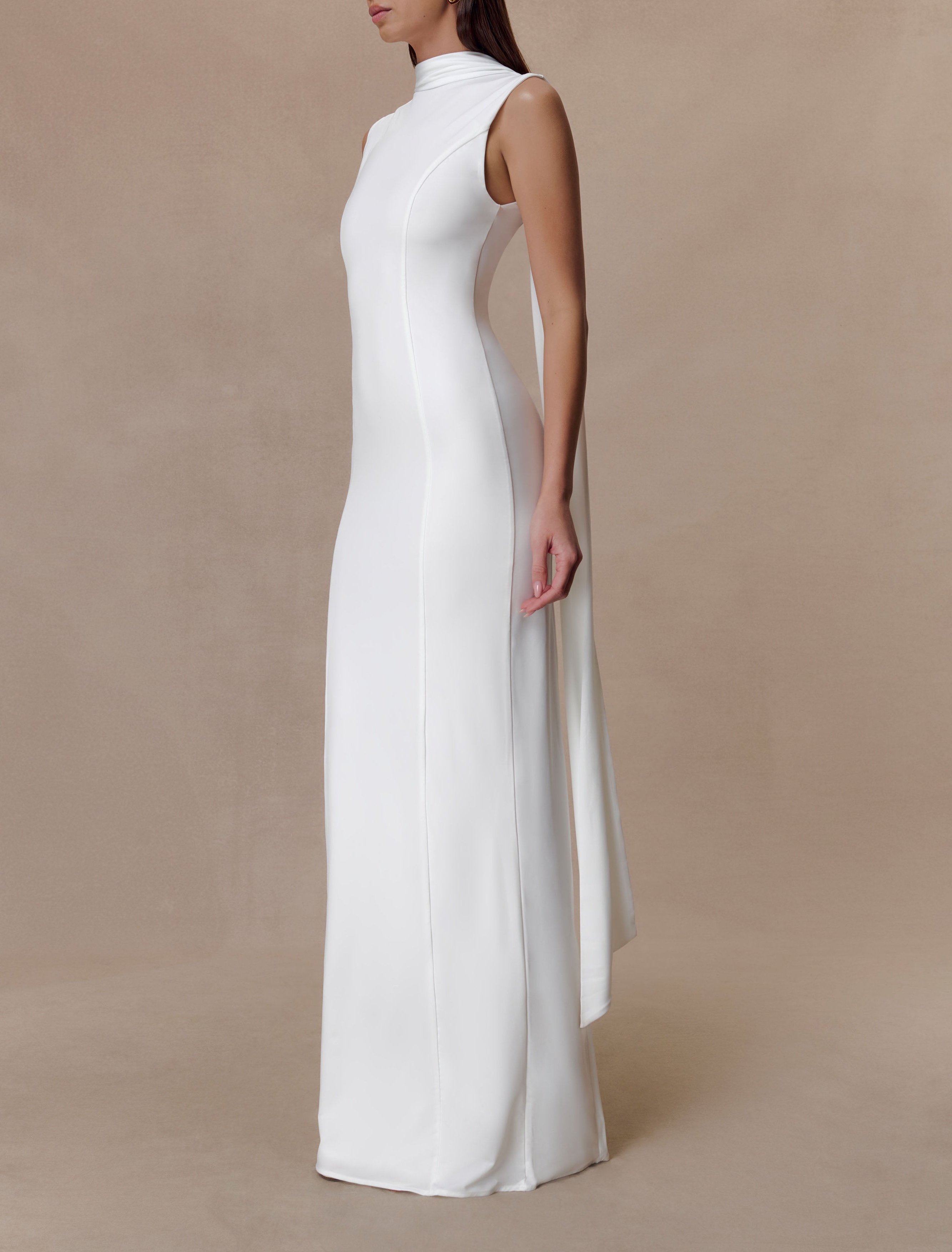 White Slinky Maxi Dress With Scarf