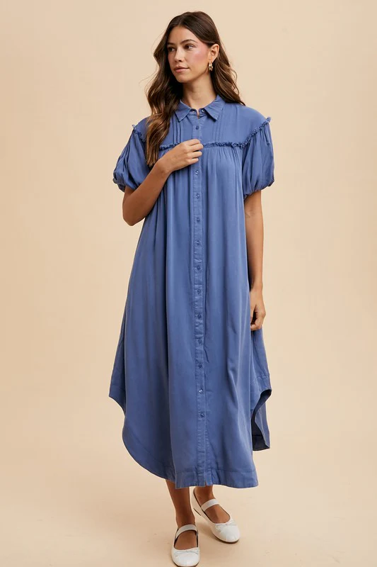 Wear Mineral Washed Button Down Puff Sleeve Shirt Dress