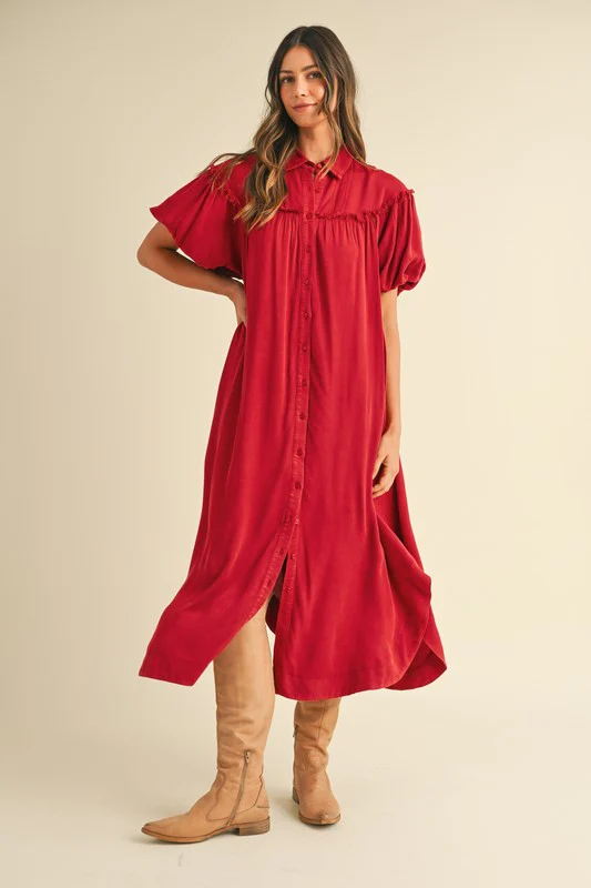 Wear Mineral Washed Button Down Puff Sleeve Shirt Dress