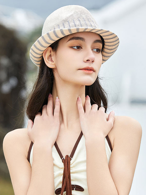 Short Brim Striped Woven Sun-Protection Hats&Caps Fisherman Hat