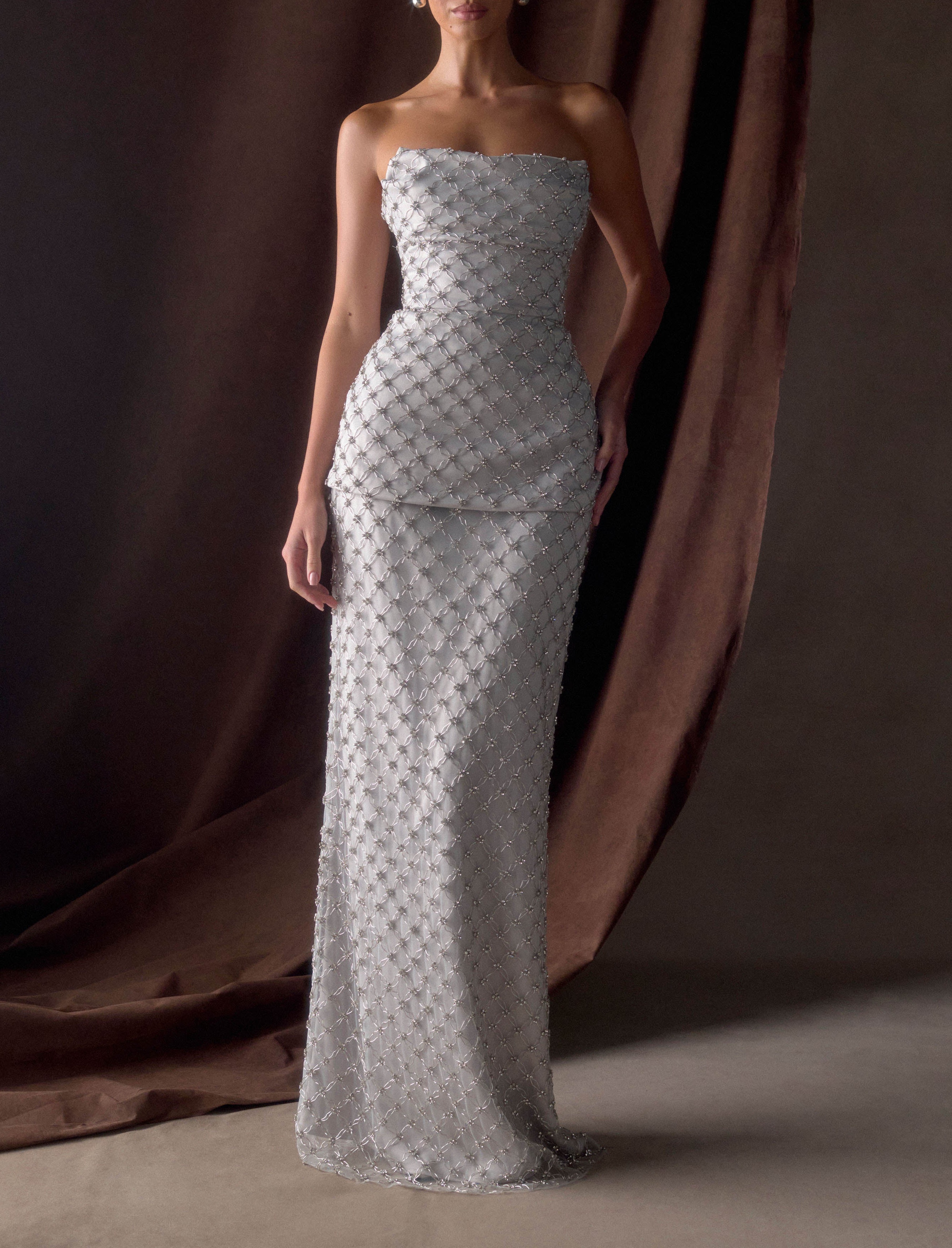 Silver Hand Beaded Embellished Maxi Skirt