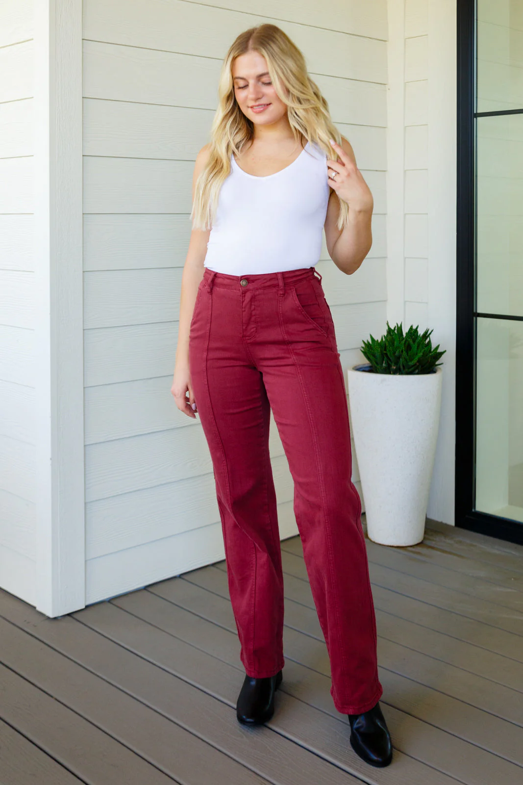 Blue Phoebe High Rise Front Seam Straight Jeans in Burgundy