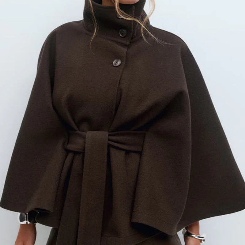 Women's cape-style coat with stand-up collar and belt