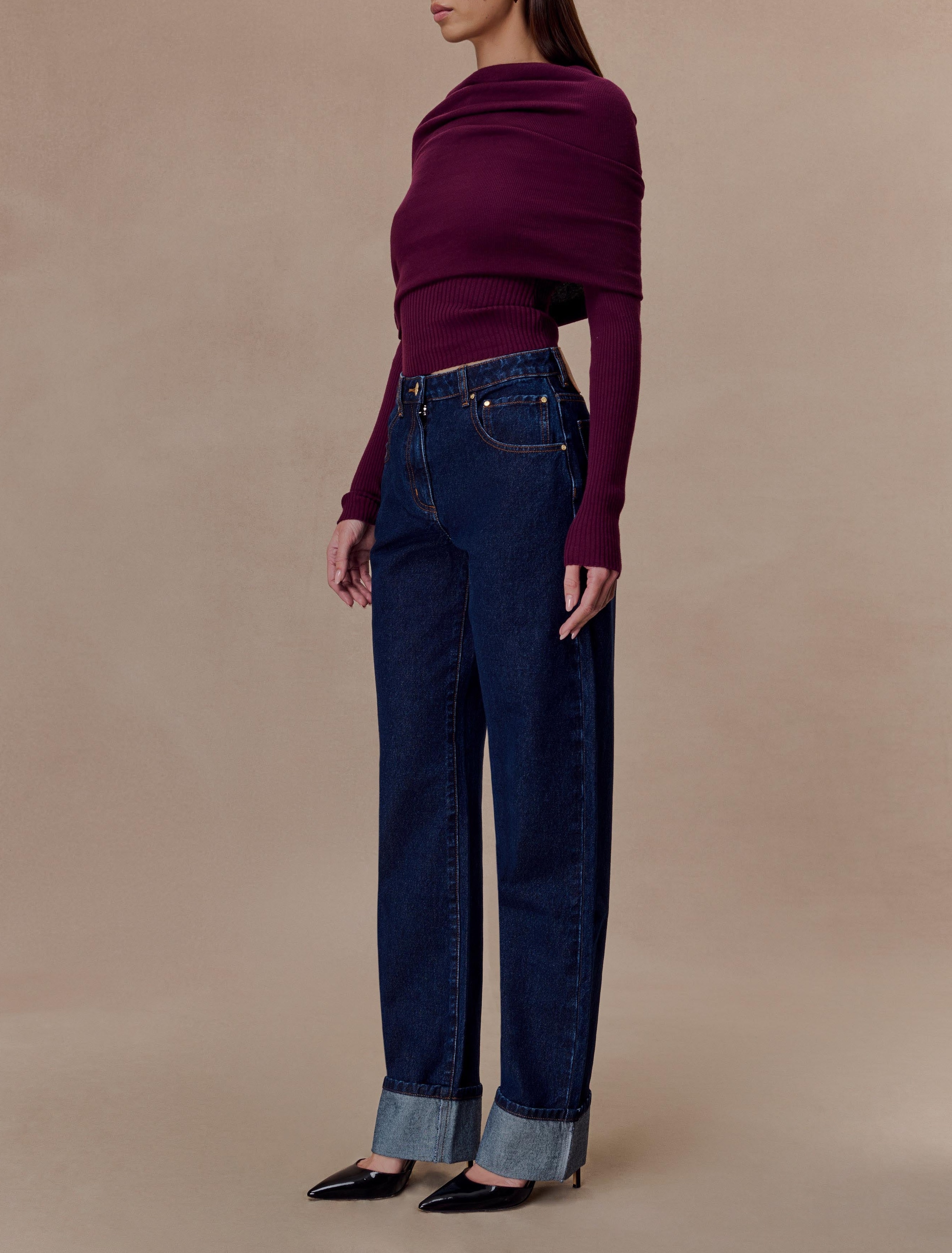 Plum Asymetrical Cashmere Blend Long Sleeve Knit Top