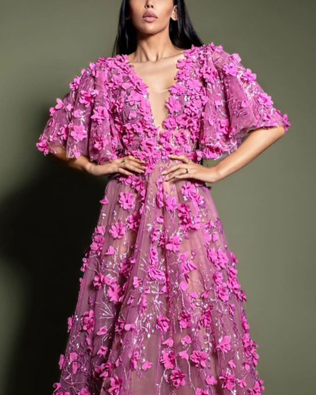 Pink V-Neck Embroidered Flower Dress