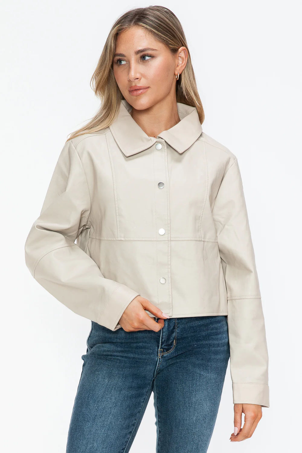 Snap Down Long Sleeve PU Leather Jacket