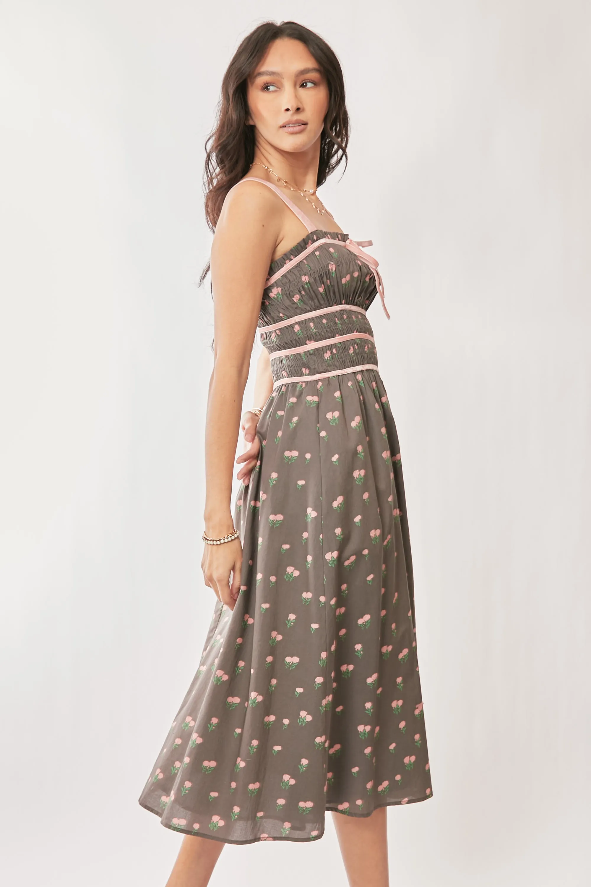 Contrast Velvet Tape Smocking Bodice Midi Dress