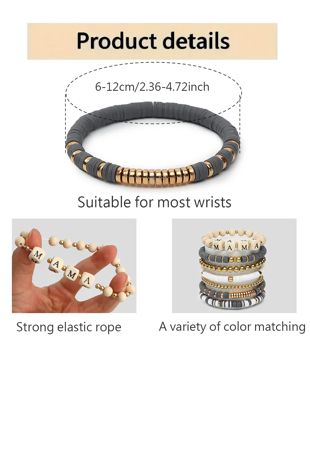 Gray MAMA Beaded Multi Layered Bracelet