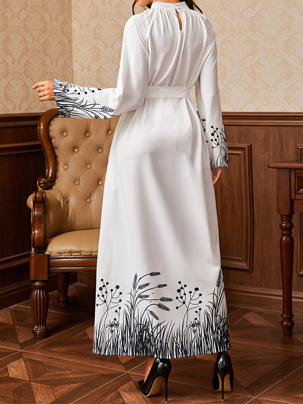 Hollow Pleated Printed Tied Waist Bishop Sleeve Long Sleeves Mock Neck Maxi Dresses