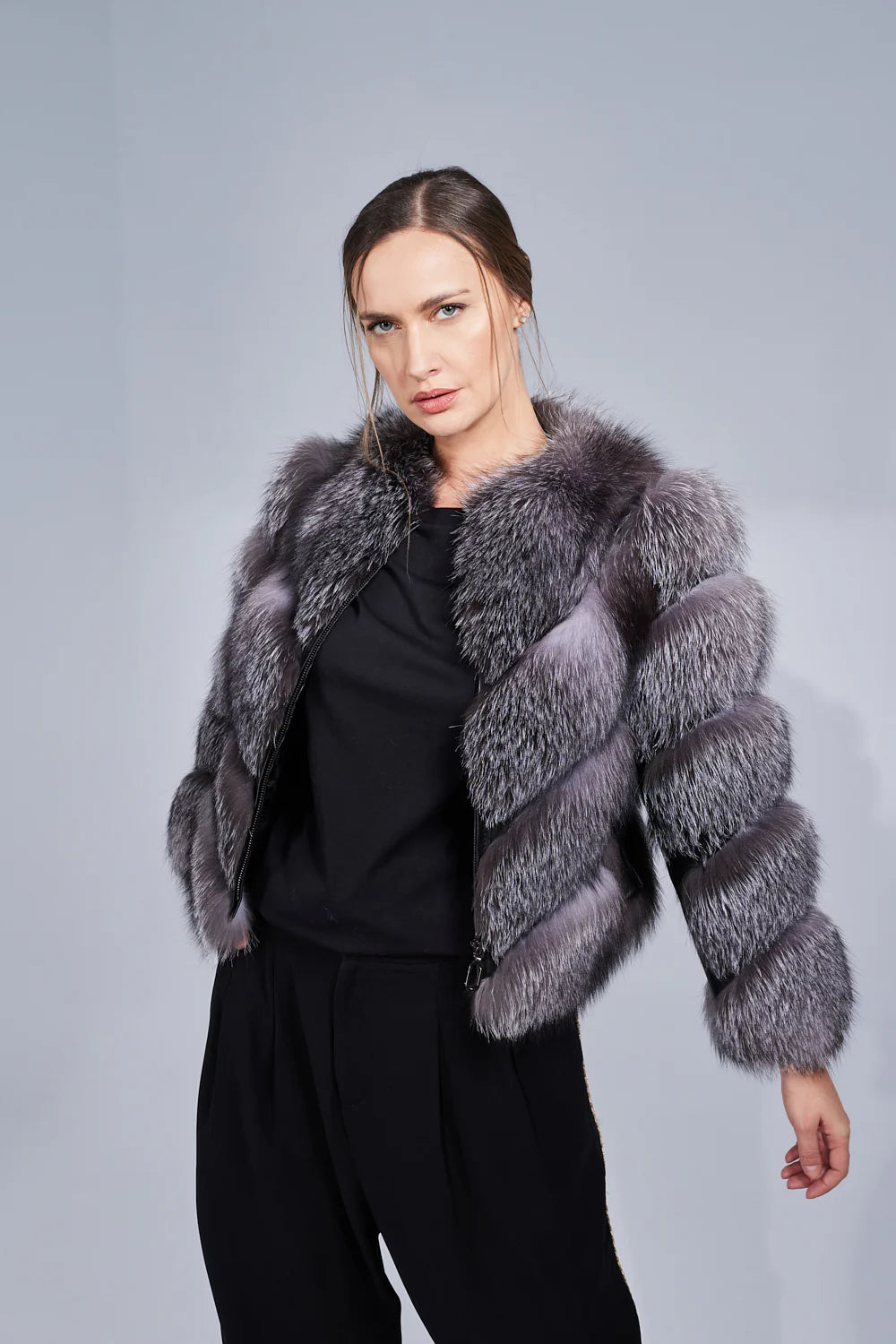 Haină din Blană Naturală de Vulpe Argintie, V Model, Transformabilă, Femei, Grey Frost 242