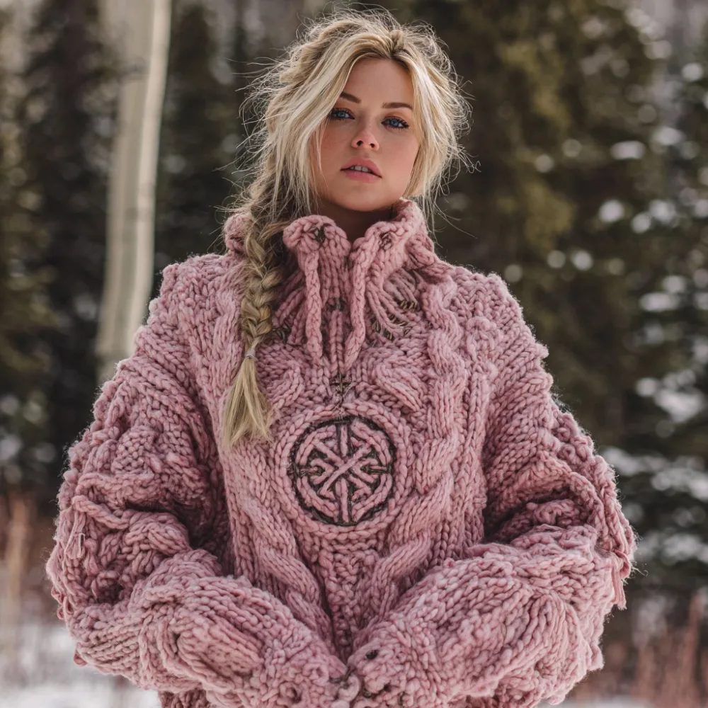 Women's Viking Celtic Knot Rune Knit Jacquard Warm Turtleneck Sweater