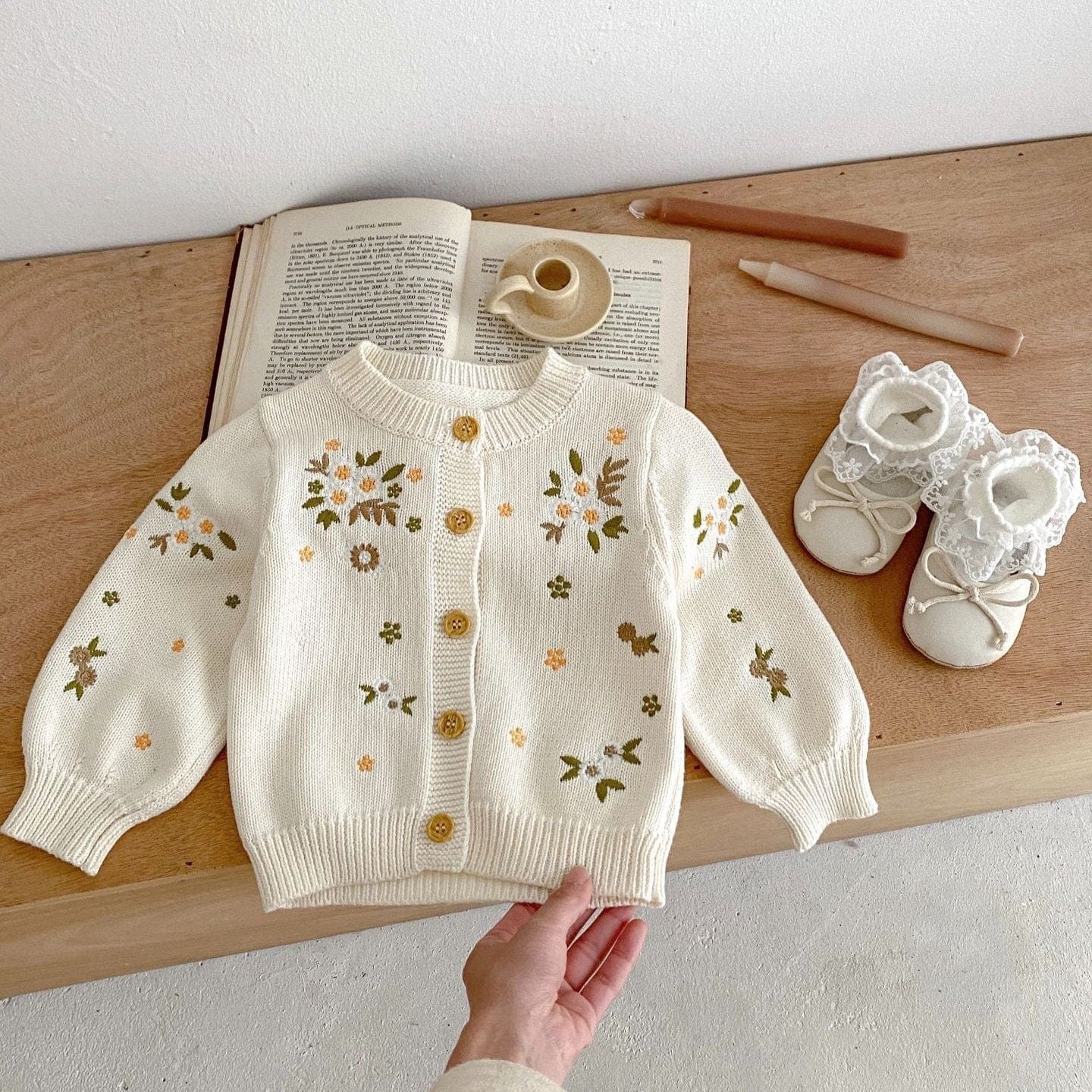 Embroidered Floral Beige Knit Cardigan
