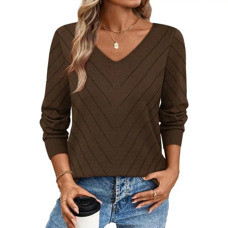 V-Neck Knit Sweater for Women - Apricot Basic Fitted Minimalist Crochet Details Breathable Lightweight Pullover Top