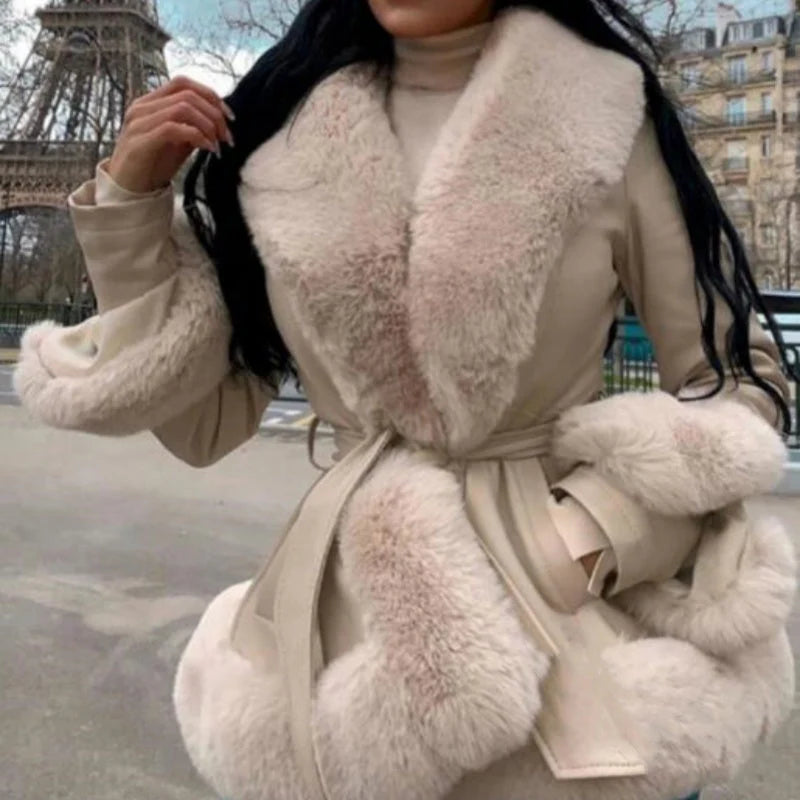 Women's coat made of faux leather with faux fur collar