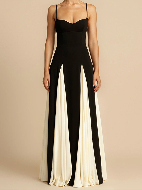 Backless Contrast Color Pleated Split-Joint High Waisted Sleeveless Spaghetti-Neck Maxi Dresses