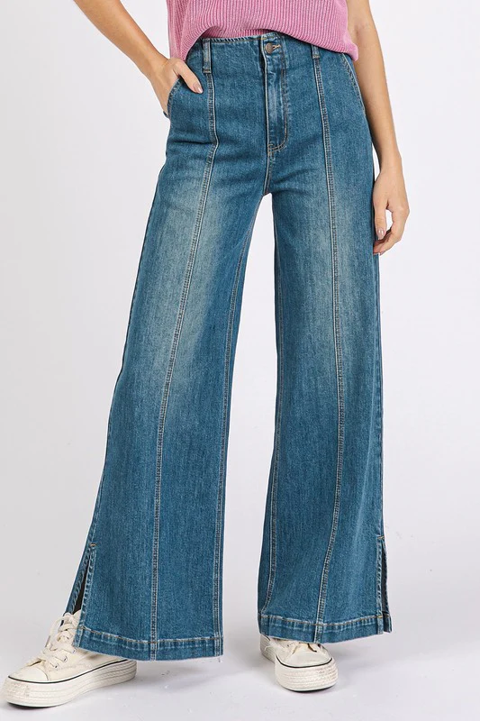 Medium Wash Seam Detail Wide Leg Denim Jeans