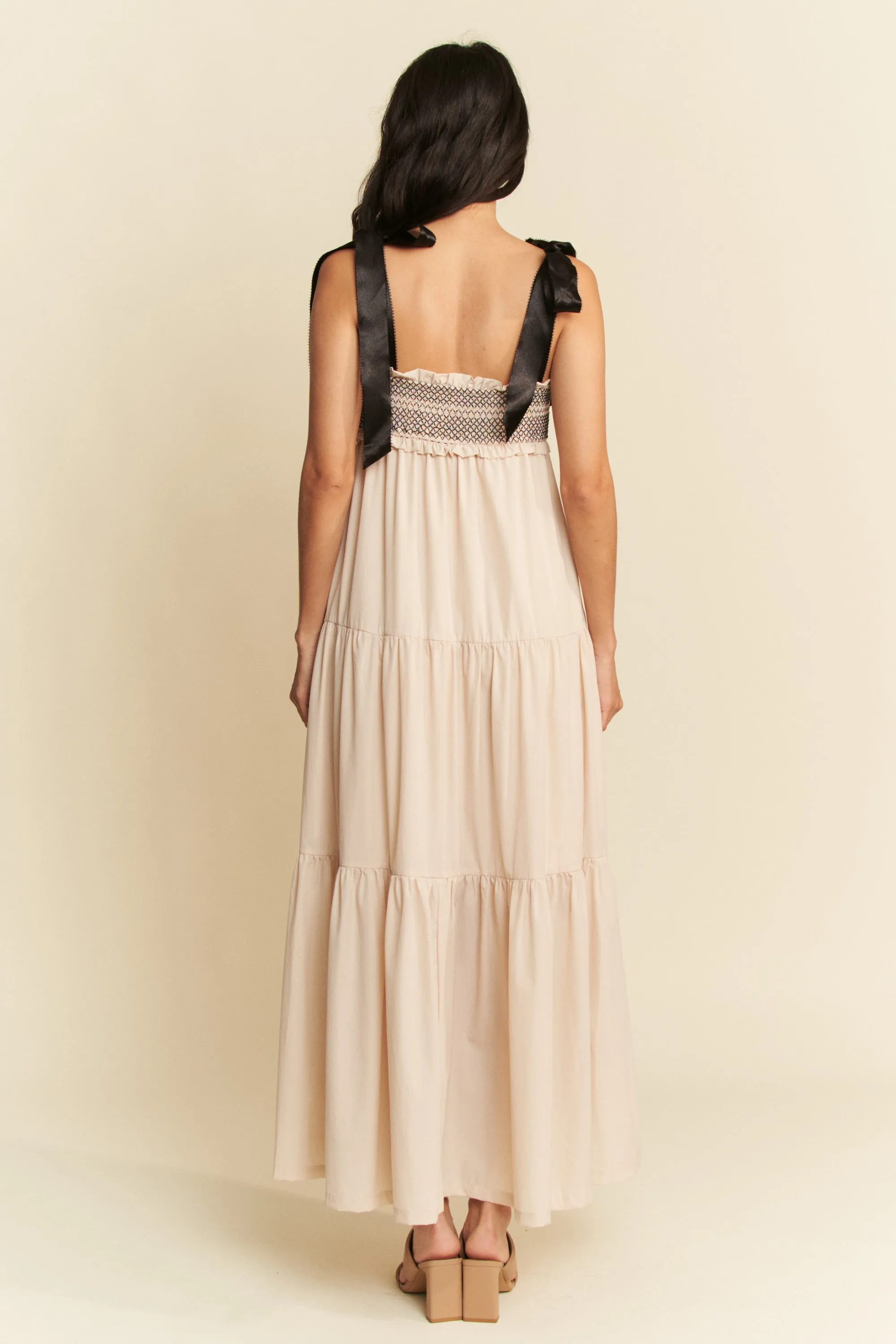 Multi Contrast Smocked Bodice Straps Maxi Dress