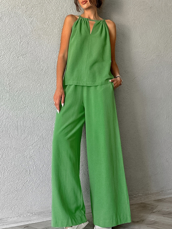Loose Hollow Split-Joint Halter-Neck Vest + Elasticity High Waisted Pants Trousers Two Pieces Set