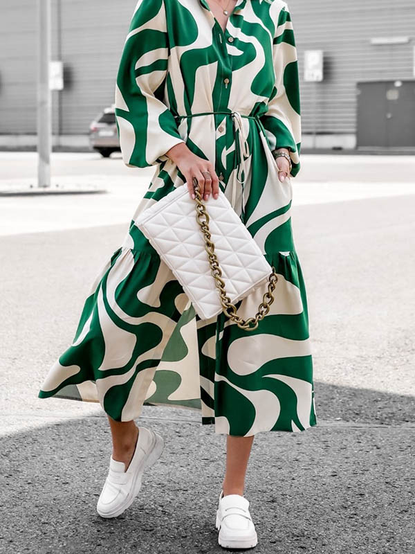 Contrast Color Pleated Printed Split-Joint Tied Waist Long Sleeves Loose Lapel Shirt Dress