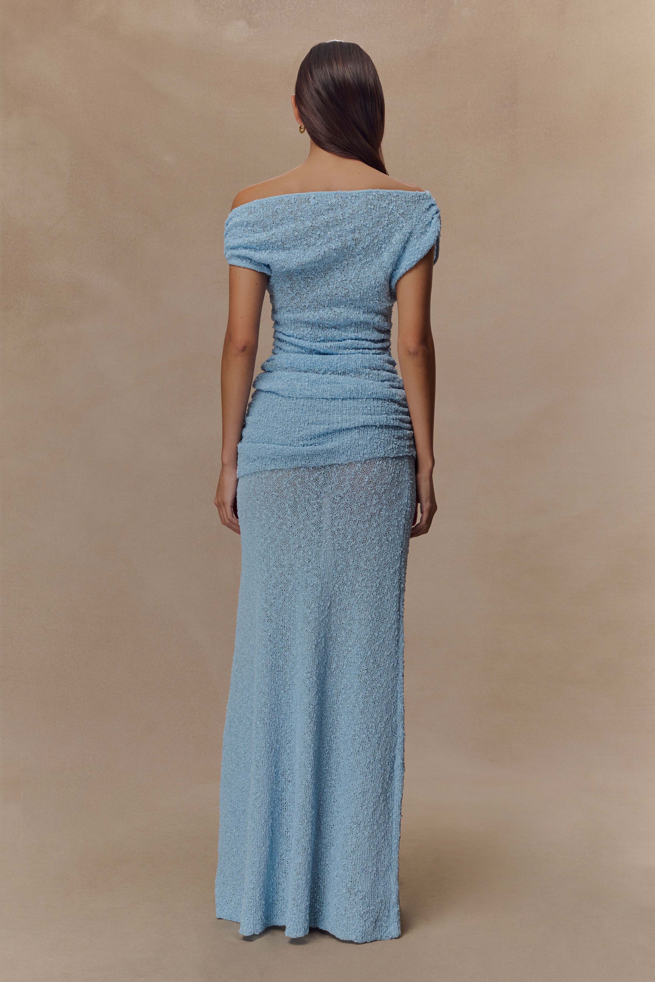 Blue Ruched Knit Maxi Skirt