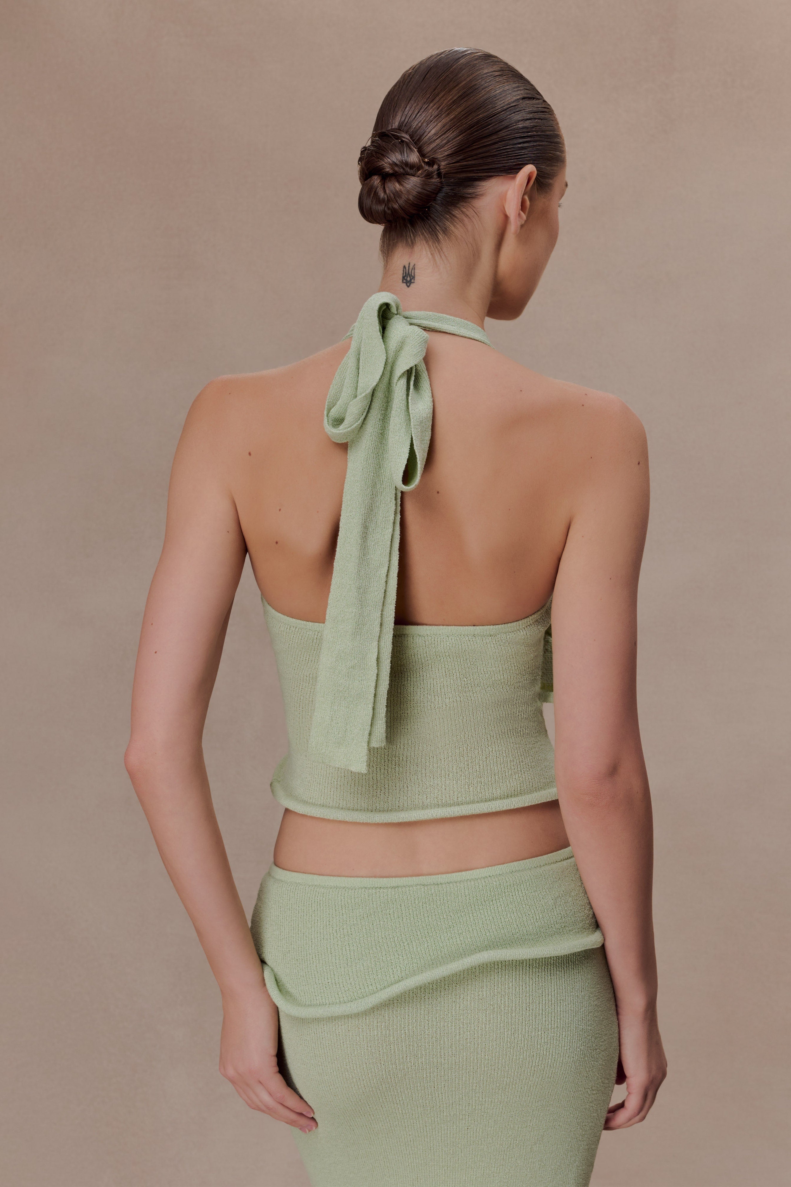 Green Halter Knit Twist Top