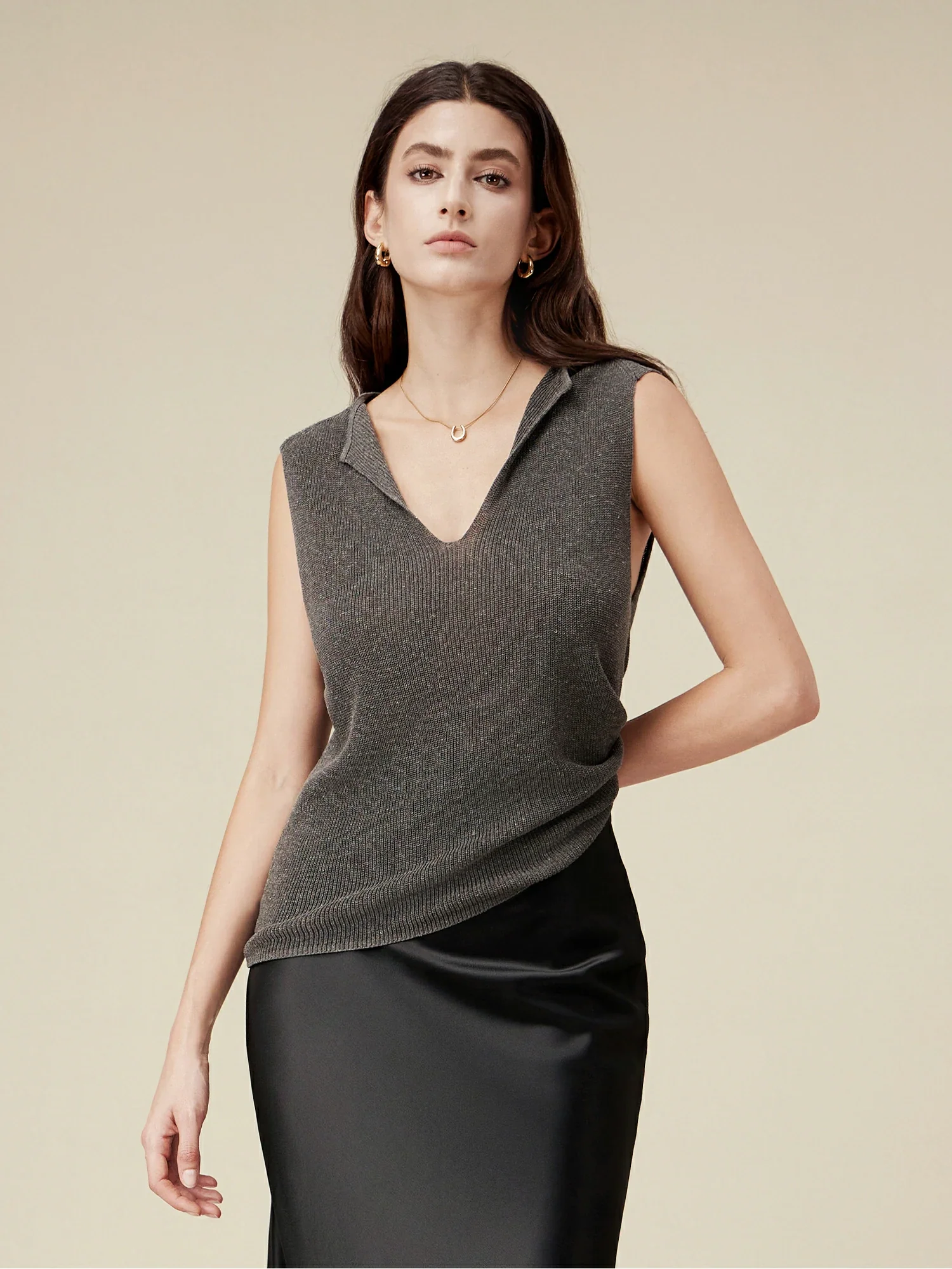 Linen & Lyocell Sleeveless Lapel Casual Tank
