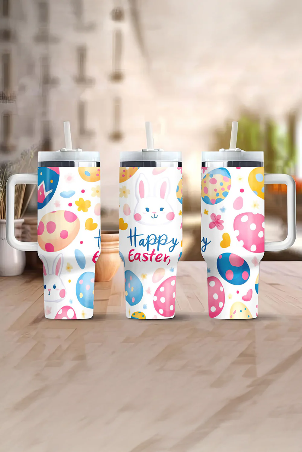 White Happy Easter Bunny Eggs Printed Thermal Tumbler