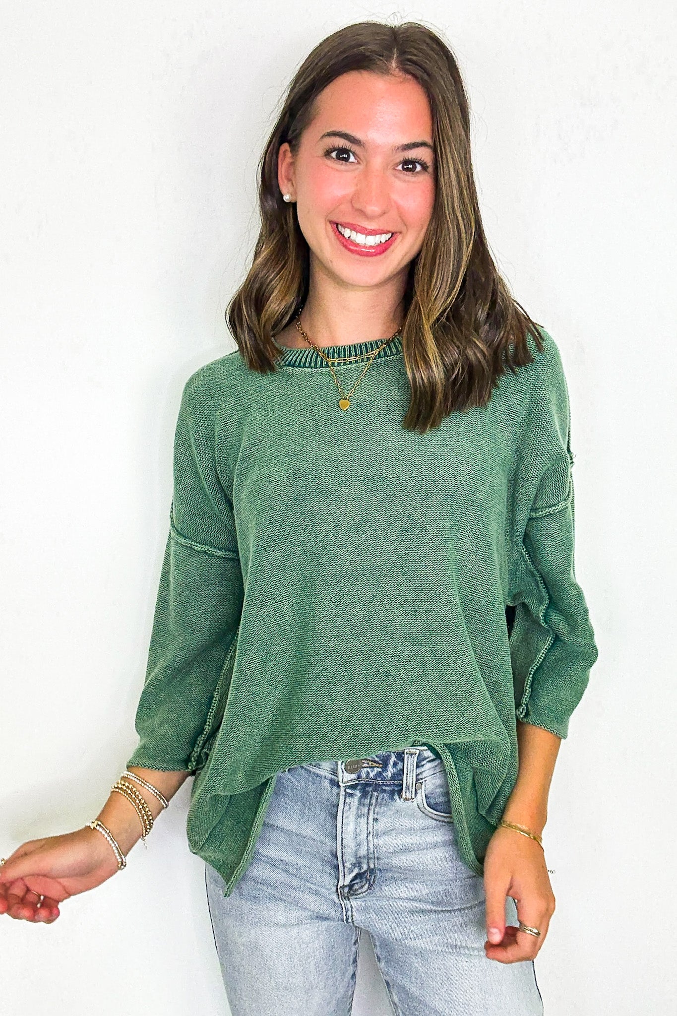 Cozy Fade Washed 3/4 Sleeve Relaxed Sweater