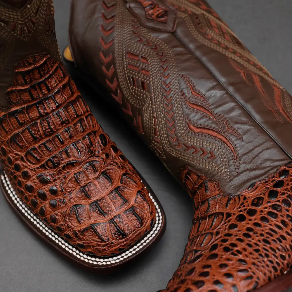 Cognac Caiman Neck Leather Boots - Square Toe
