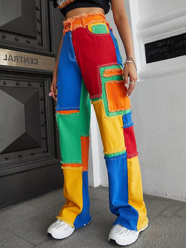 Buttoned Contrast Color Fringed Split-Joint High Waisted Loose Trousers Jean Pants Bottoms