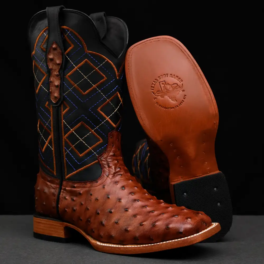 Cognac Ostrich Leather Boots - Square Toe