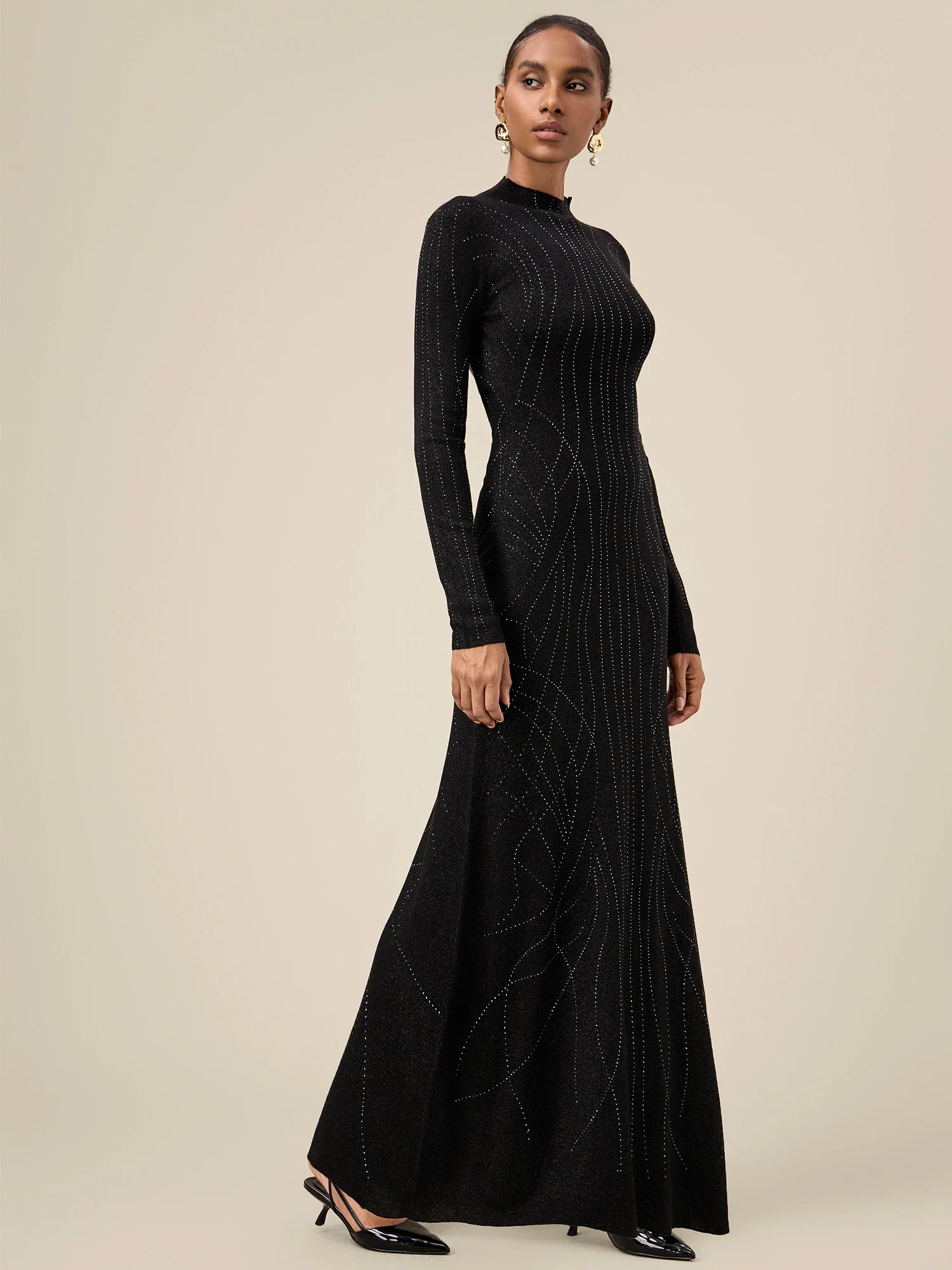 Wool Mock Neck Rhinestone Backless Knit Dress