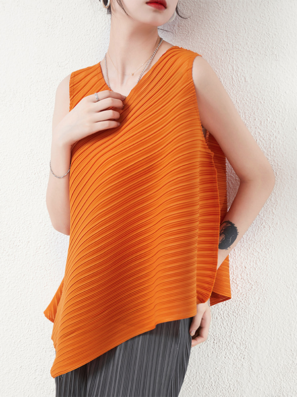 Simple Loose Sleeveless Pleated Asymmetric Solid Color Round-Neck Vest Top