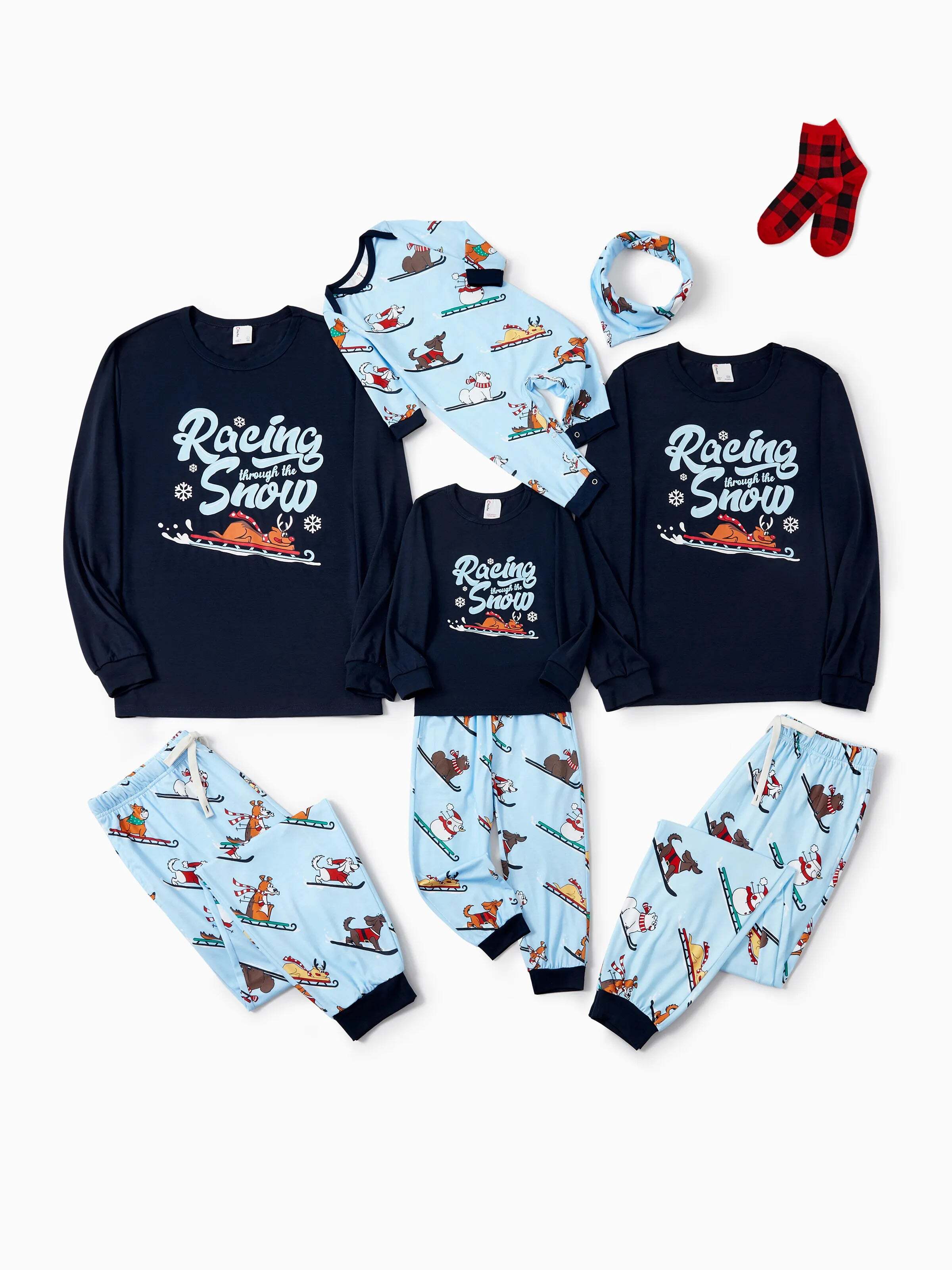 Christmas Matching Family Pajamas Set Sled Dogs Print PJS with Christmas Socks Blue