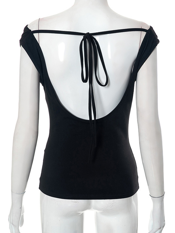 Backless Lace-Up See-Through Solid Color Split-Joint Loose Skinny Off-The-Shoulder T-Shirts Tops