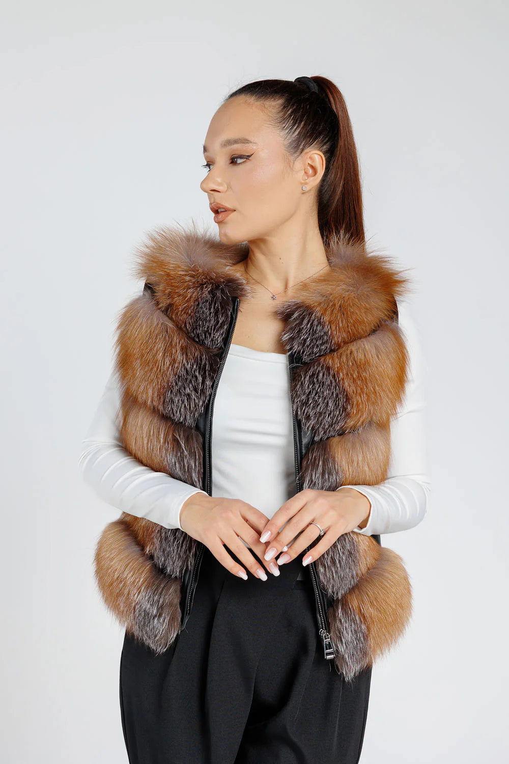 Haină din Blană Naturală de Vulpe, Femei, Brown Frost 260