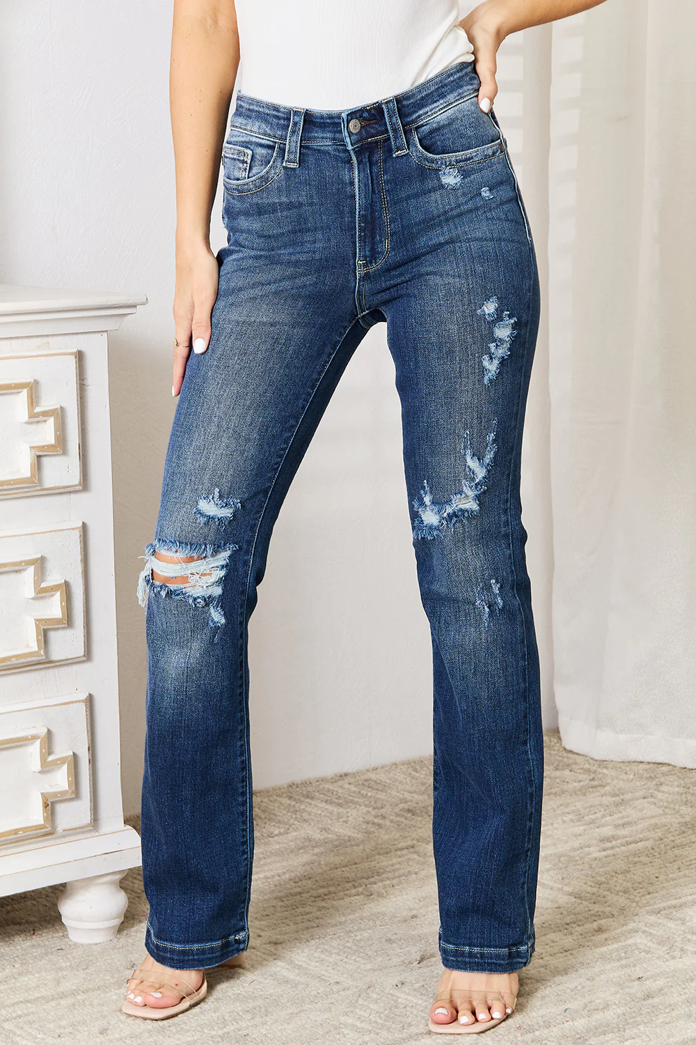 Blue Full Size Mid Rise Hand Sand & Destroy Bootcut Jeans
