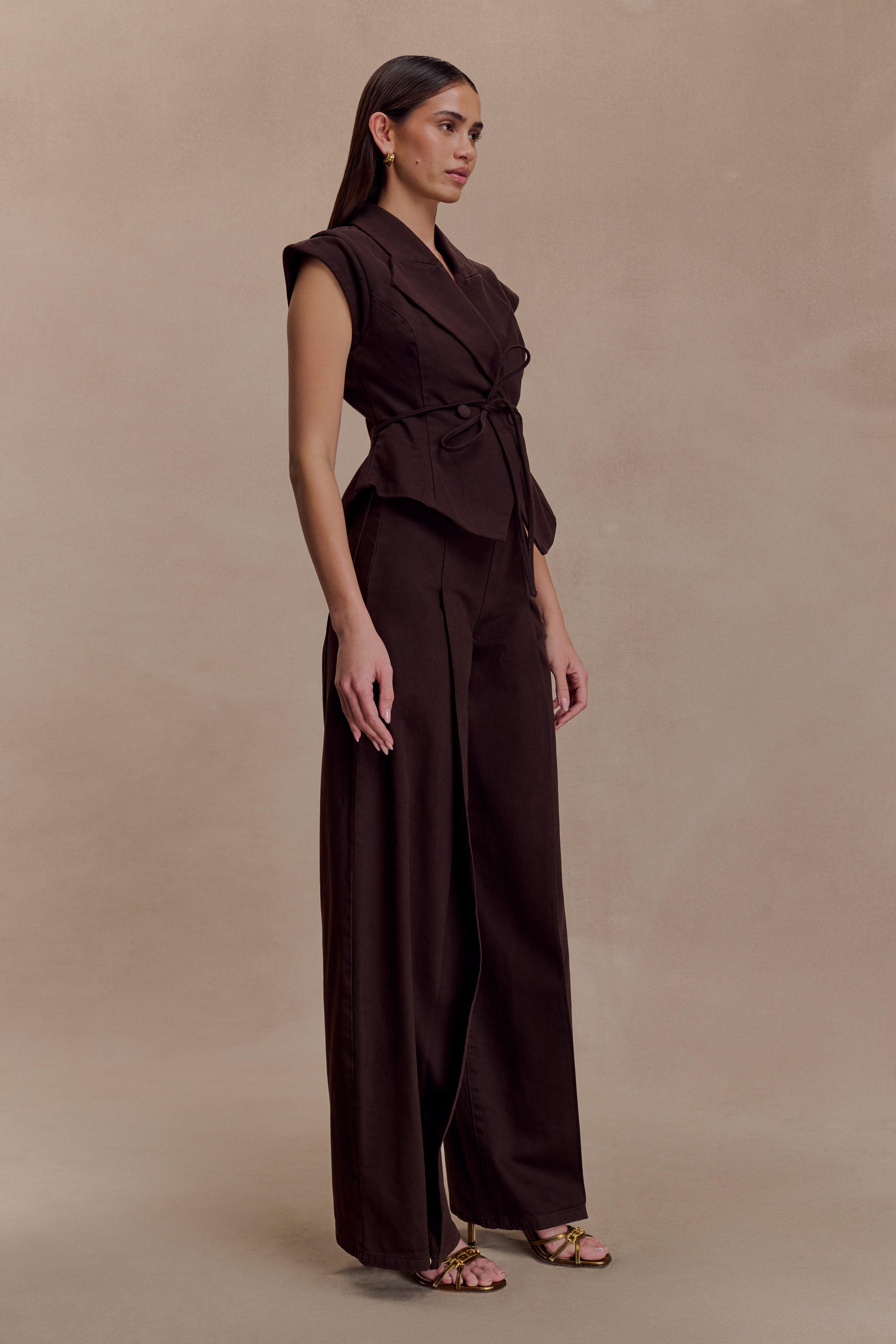 Chocolate Structured Tie Denim Top